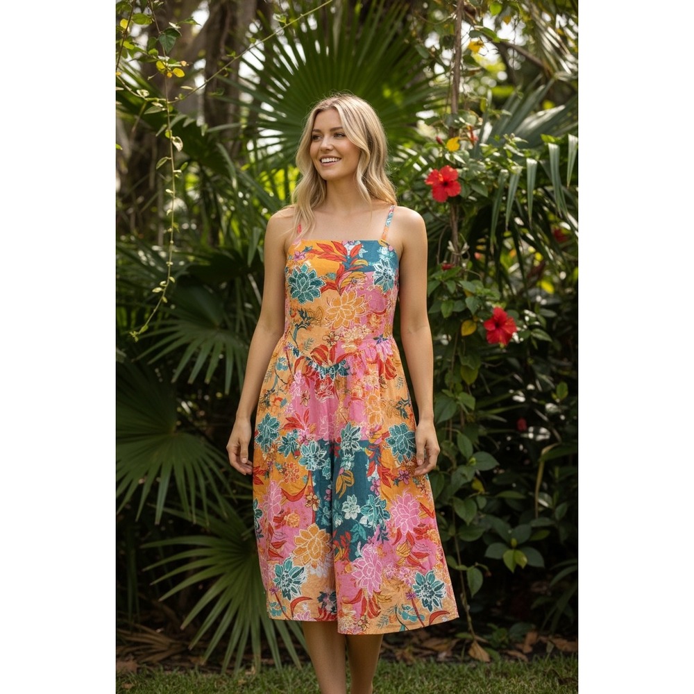 Tropical Floral Smocked Basque‎ waist smcoked boho dress midi Y2K 90s sz XL